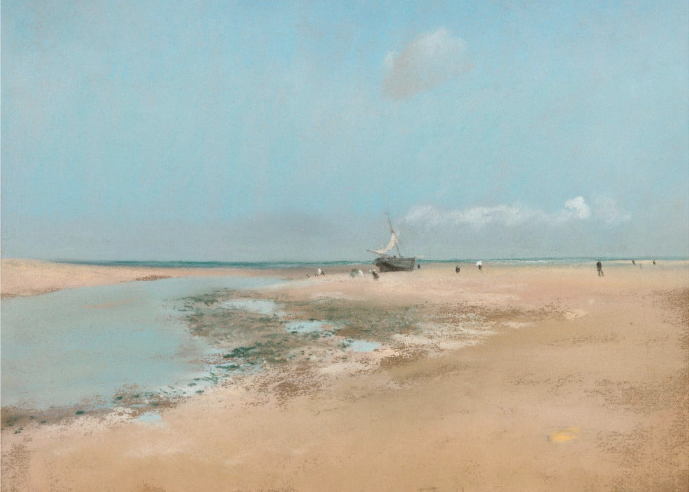 An impressionistic painting of a serene beach scene at low tide. A wide expanse of tan sand meets a pale blue sky, with a small sailboat resting on the shore. In the distance, several small figures are scattered along the water's edge. Artwork