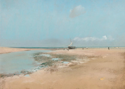 An impressionistic painting of a serene beach scene at low tide. A wide expanse of tan sand meets a pale blue sky, with a small sailboat resting on the shore. In the distance, several small figures are scattered along the water's edge. Artwork