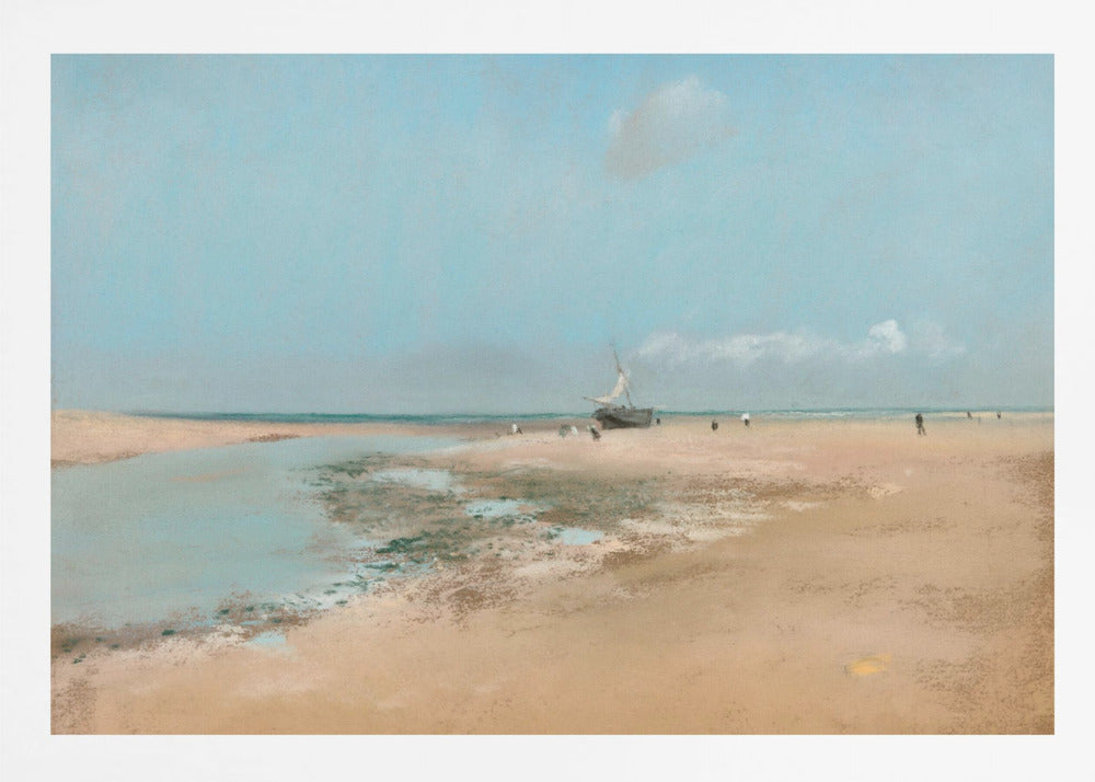 An impressionistic painting of a serene beach scene at low tide. A wide expanse of tan sand meets a pale blue sky, with a small sailboat resting on the shore. In the distance, several small figures are scattered along the water's edge. Artwork