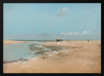 An impressionistic painting of a serene beach scene at low tide. A wide expanse of tan sand meets a pale blue sky, with a small sailboat resting on the shore. In the distance, several small figures are scattered along the water's edge. Artwork