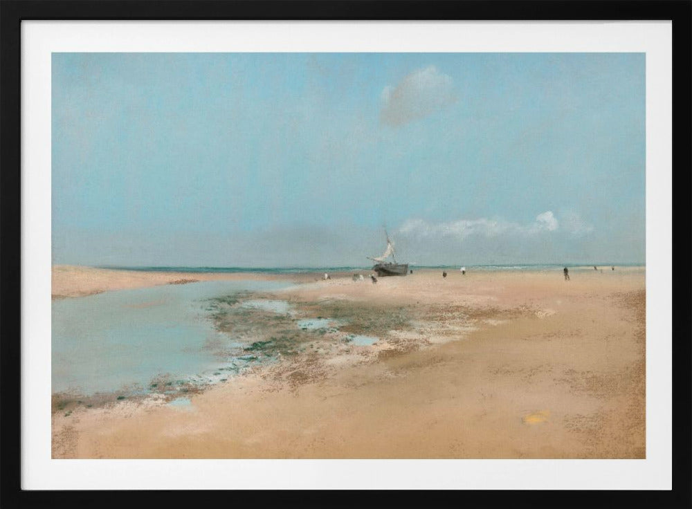 An impressionistic painting of a serene beach scene at low tide. A wide expanse of tan sand meets a pale blue sky, with a small sailboat resting on the shore. In the distance, several small figures are scattered along the water's edge. Artwork