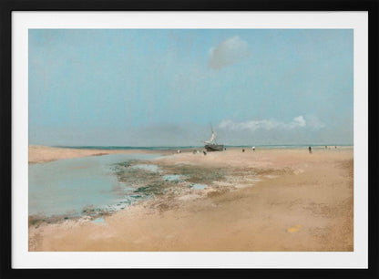 An impressionistic painting of a serene beach scene at low tide. A wide expanse of tan sand meets a pale blue sky, with a small sailboat resting on the shore. In the distance, several small figures are scattered along the water's edge. Artwork