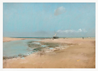 An impressionistic painting of a serene beach scene at low tide. A wide expanse of tan sand meets a pale blue sky, with a small sailboat resting on the shore. In the distance, several small figures are scattered along the water's edge. Artwork