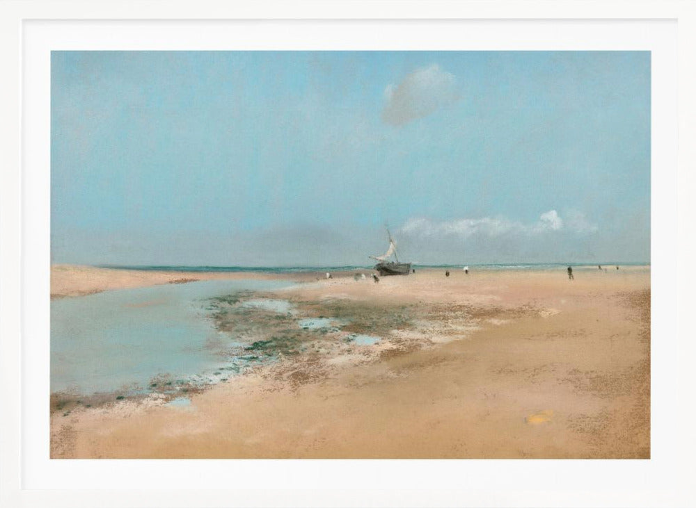 An impressionistic painting of a serene beach scene at low tide. A wide expanse of tan sand meets a pale blue sky, with a small sailboat resting on the shore. In the distance, several small figures are scattered along the water's edge. Artwork