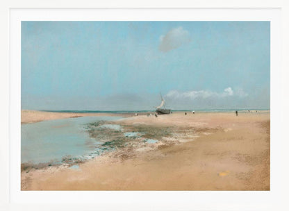 An impressionistic painting of a serene beach scene at low tide. A wide expanse of tan sand meets a pale blue sky, with a small sailboat resting on the shore. In the distance, several small figures are scattered along the water's edge. Artwork
