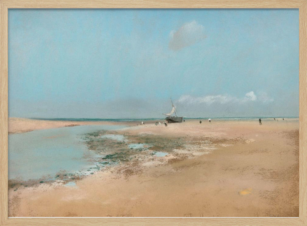 An impressionistic painting of a serene beach scene at low tide. A wide expanse of tan sand meets a pale blue sky, with a small sailboat resting on the shore. In the distance, several small figures are scattered along the water's edge. Artwork