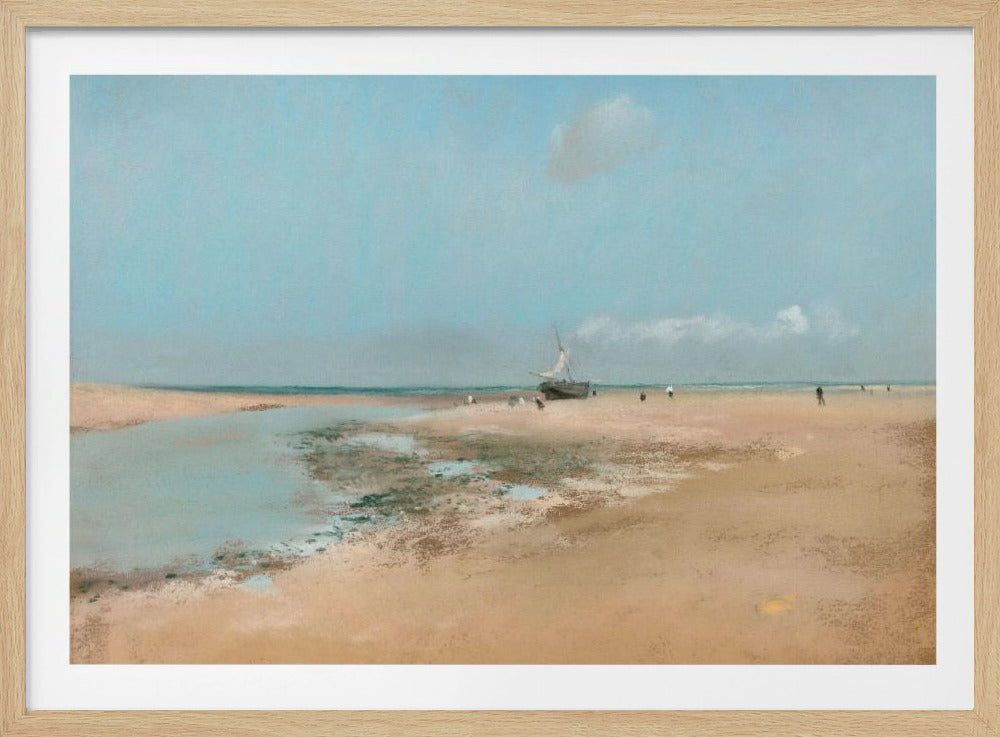 An impressionistic painting of a serene beach scene at low tide. A wide expanse of tan sand meets a pale blue sky, with a small sailboat resting on the shore. In the distance, several small figures are scattered along the water's edge. Artwork