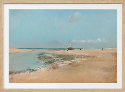 An impressionistic painting of a serene beach scene at low tide. A wide expanse of tan sand meets a pale blue sky, with a small sailboat resting on the shore. In the distance, several small figures are scattered along the water's edge. Artwork