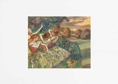 A framed print of Edgar Degas's Impressionist painting 'The Curtain Falls', featuring four ballet dancers in red bodices and green tutus. They are positioned amidst green scenery with a warm, sunset-lit landscape in the background. Artwork