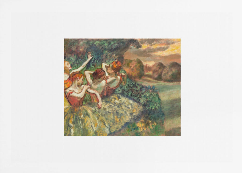 A framed print of Edgar Degas's Impressionist painting 'The Curtain Falls', featuring four ballet dancers in red bodices and green tutus. They are positioned amidst green scenery with a warm, sunset-lit landscape in the background. Artwork