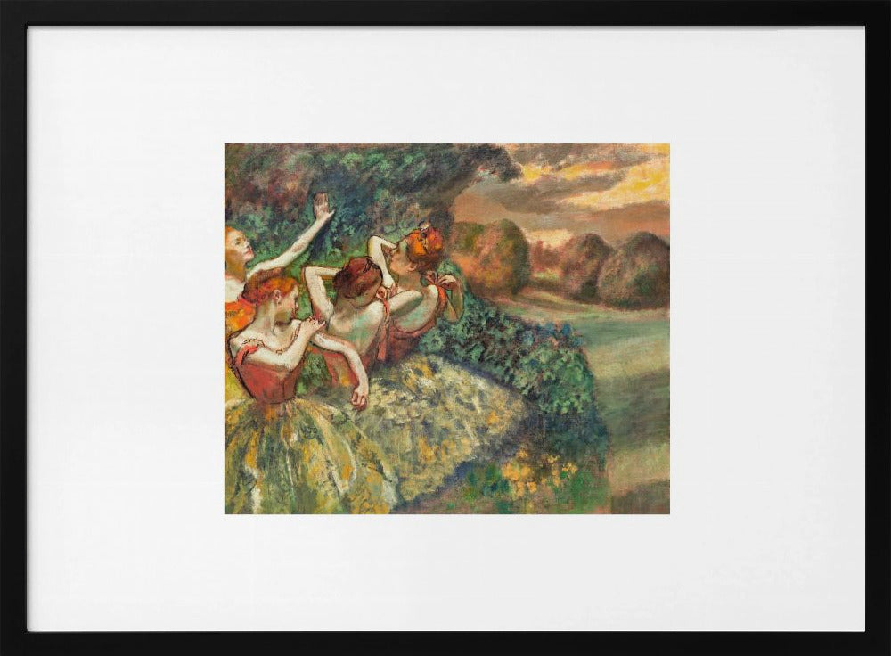 A framed print of Edgar Degas's Impressionist painting 'The Curtain Falls', featuring four ballet dancers in red bodices and green tutus. They are positioned amidst green scenery with a warm, sunset-lit landscape in the background. Artwork