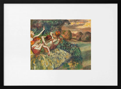 A framed print of Edgar Degas's Impressionist painting 'The Curtain Falls', featuring four ballet dancers in red bodices and green tutus. They are positioned amidst green scenery with a warm, sunset-lit landscape in the background. Artwork
