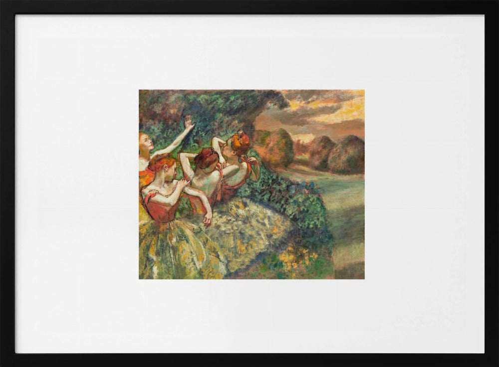 A framed print of Edgar Degas's Impressionist painting 'The Curtain Falls', featuring four ballet dancers in red bodices and green tutus. They are positioned amidst green scenery with a warm, sunset-lit landscape in the background. Artwork