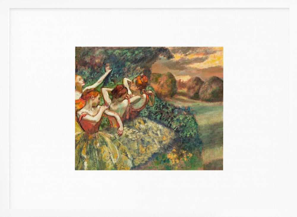 A framed print of Edgar Degas's Impressionist painting 'The Curtain Falls', featuring four ballet dancers in red bodices and green tutus. They are positioned amidst green scenery with a warm, sunset-lit landscape in the background. Artwork