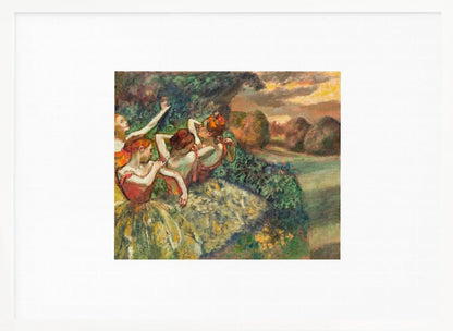 A framed print of Edgar Degas's Impressionist painting 'The Curtain Falls', featuring four ballet dancers in red bodices and green tutus. They are positioned amidst green scenery with a warm, sunset-lit landscape in the background. Artwork