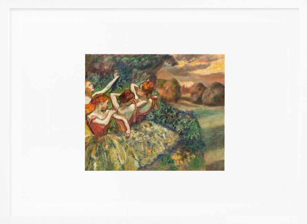 A framed print of Edgar Degas's Impressionist painting 'The Curtain Falls', featuring four ballet dancers in red bodices and green tutus. They are positioned amidst green scenery with a warm, sunset-lit landscape in the background. Artwork