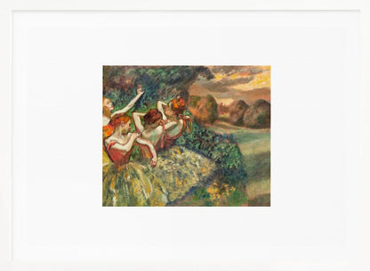 A framed print of Edgar Degas's Impressionist painting 'The Curtain Falls', featuring four ballet dancers in red bodices and green tutus. They are positioned amidst green scenery with a warm, sunset-lit landscape in the background. Artwork