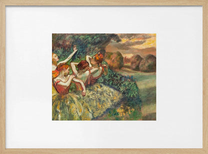 A framed print of Edgar Degas's Impressionist painting 'The Curtain Falls', featuring four ballet dancers in red bodices and green tutus. They are positioned amidst green scenery with a warm, sunset-lit landscape in the background. Artwork