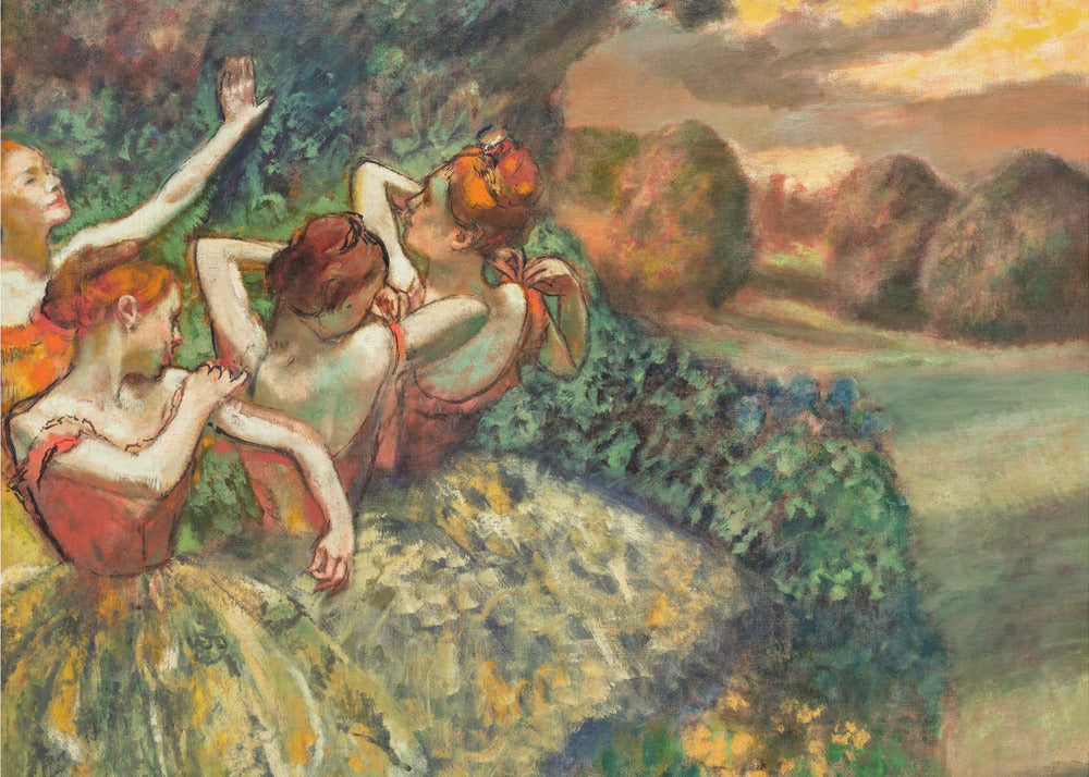 An impressionistic painting of four ballerinas in a lush outdoor setting. Dressed in orange bodices and yellow-green tutus, they are captured in candid moments of rest and preparation against a backdrop of green foliage and a warm sunset landscape. Poster