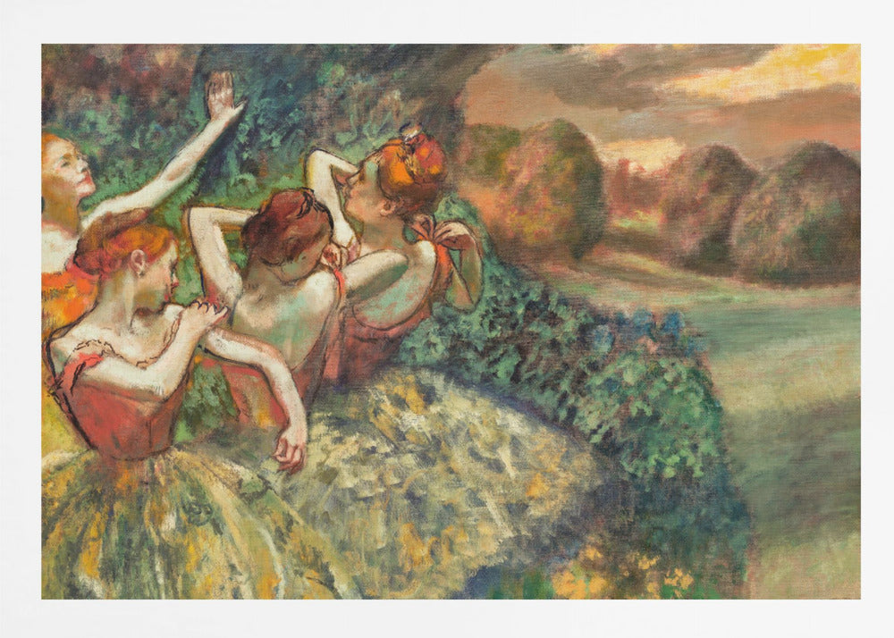 An impressionistic painting of four ballerinas in a lush outdoor setting. Dressed in orange bodices and yellow-green tutus, they are captured in candid moments of rest and preparation against a backdrop of green foliage and a warm sunset landscape. Poster