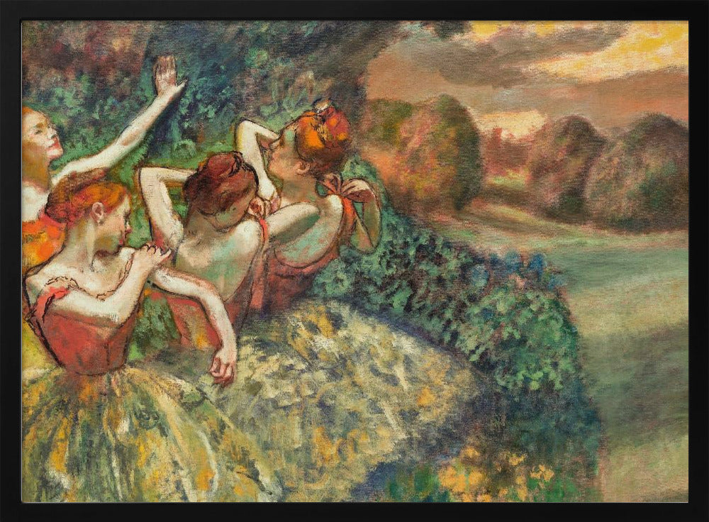 An impressionistic painting of four ballerinas in a lush outdoor setting. Dressed in orange bodices and yellow-green tutus, they are captured in candid moments of rest and preparation against a backdrop of green foliage and a warm sunset landscape. Poster