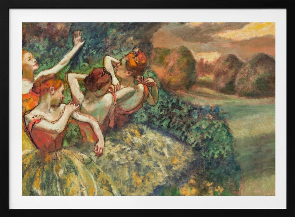 An impressionistic painting of four ballerinas in a lush outdoor setting. Dressed in orange bodices and yellow-green tutus, they are captured in candid moments of rest and preparation against a backdrop of green foliage and a warm sunset landscape. Poster