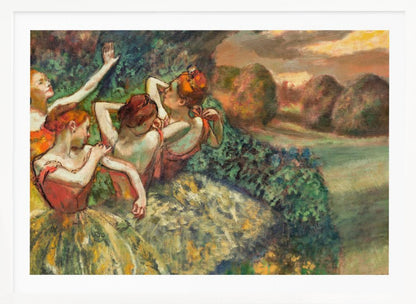 An impressionistic painting of four ballerinas in a lush outdoor setting. Dressed in orange bodices and yellow-green tutus, they are captured in candid moments of rest and preparation against a backdrop of green foliage and a warm sunset landscape. Poster