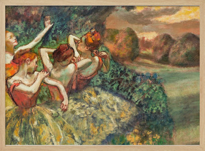 An impressionistic painting of four ballerinas in a lush outdoor setting. Dressed in orange bodices and yellow-green tutus, they are captured in candid moments of rest and preparation against a backdrop of green foliage and a warm sunset landscape. Poster