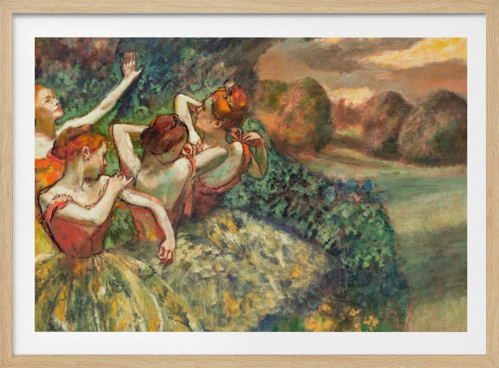 An impressionistic painting of four ballerinas in a lush outdoor setting. Dressed in orange bodices and yellow-green tutus, they are captured in candid moments of rest and preparation against a backdrop of green foliage and a warm sunset landscape. Poster