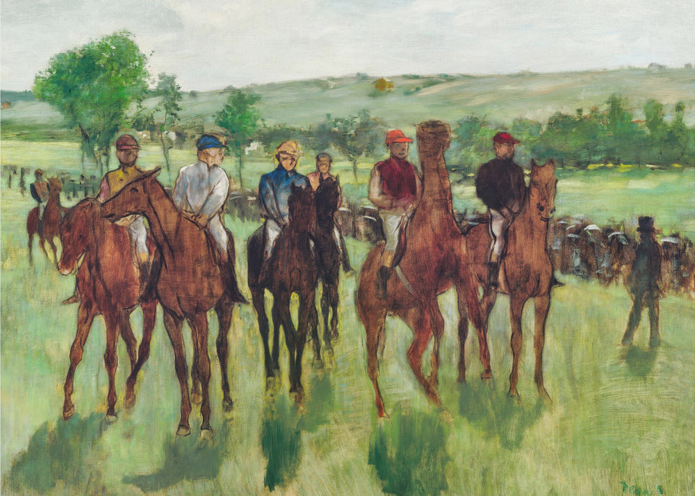 An impressionist painting by Edgar Degas titled 'The False Start', depicting a group of jockeys on their racehorses in a verdant field. The riders are dressed in colorful caps and silks, waiting against a backdrop of rolling green hills and a pale sky. The artwork is displayed in a modern silver frame. Artwork
