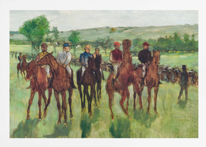 An impressionist painting by Edgar Degas titled 'The False Start', depicting a group of jockeys on their racehorses in a verdant field. The riders are dressed in colorful caps and silks, waiting against a backdrop of rolling green hills and a pale sky. The artwork is displayed in a modern silver frame. Artwork