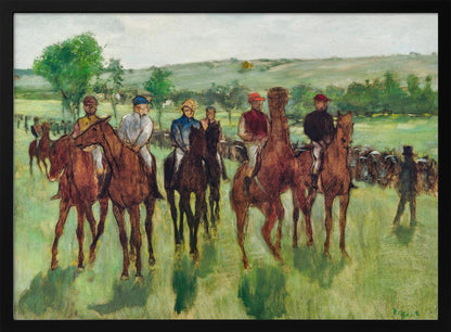 An impressionist painting by Edgar Degas titled 'The False Start', depicting a group of jockeys on their racehorses in a verdant field. The riders are dressed in colorful caps and silks, waiting against a backdrop of rolling green hills and a pale sky. The artwork is displayed in a modern silver frame. Artwork