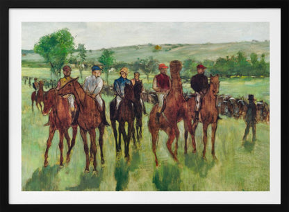 An impressionist painting by Edgar Degas titled 'The False Start', depicting a group of jockeys on their racehorses in a verdant field. The riders are dressed in colorful caps and silks, waiting against a backdrop of rolling green hills and a pale sky. The artwork is displayed in a modern silver frame. Artwork