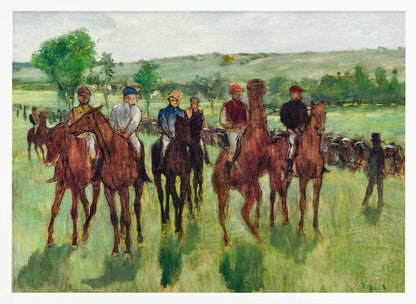 An impressionist painting by Edgar Degas titled 'The False Start', depicting a group of jockeys on their racehorses in a verdant field. The riders are dressed in colorful caps and silks, waiting against a backdrop of rolling green hills and a pale sky. The artwork is displayed in a modern silver frame. Artwork