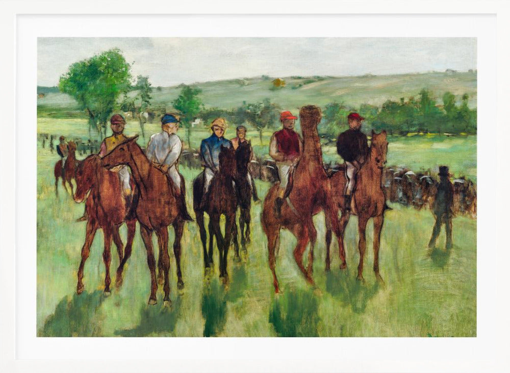 An impressionist painting by Edgar Degas titled 'The False Start', depicting a group of jockeys on their racehorses in a verdant field. The riders are dressed in colorful caps and silks, waiting against a backdrop of rolling green hills and a pale sky. The artwork is displayed in a modern silver frame. Artwork