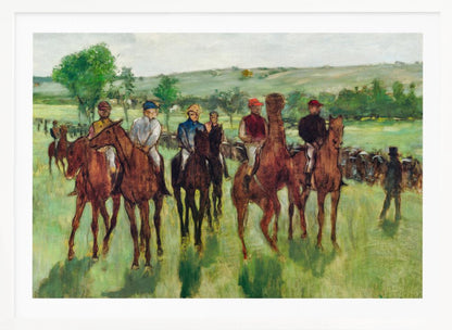 An impressionist painting by Edgar Degas titled 'The False Start', depicting a group of jockeys on their racehorses in a verdant field. The riders are dressed in colorful caps and silks, waiting against a backdrop of rolling green hills and a pale sky. The artwork is displayed in a modern silver frame. Artwork
