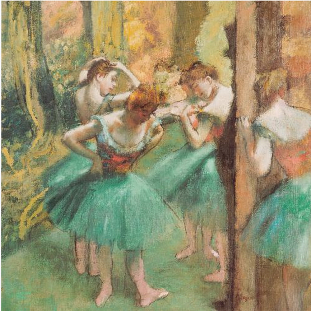 An impressionist painting of four ballet dancers in green tutus backstage. The dancers are adjusting their costumes and hair against a warm, painterly background of yellow, orange, and brown tones. The artwork is displayed in a light wood frame. Wall Art