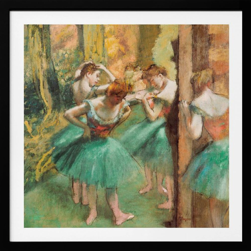 An impressionist painting of four ballet dancers in green tutus backstage. The dancers are adjusting their costumes and hair against a warm, painterly background of yellow, orange, and brown tones. The artwork is displayed in a light wood frame. Wall Art