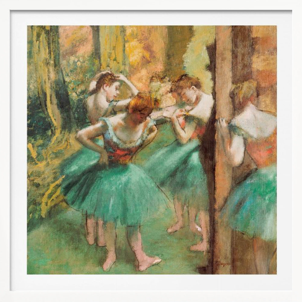 An impressionist painting of four ballet dancers in green tutus backstage. The dancers are adjusting their costumes and hair against a warm, painterly background of yellow, orange, and brown tones. The artwork is displayed in a light wood frame. Wall Art
