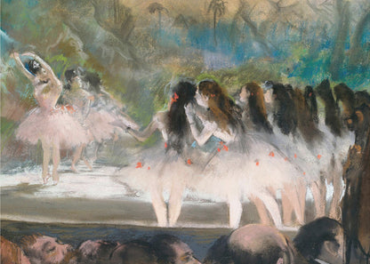 An impressionistic painting by Edgar Degas of a ballet performance, showing ballerinas in pink and white tutus on a stage with a lush backdrop, as seen from the perspective of the audience. The artwork is mounted in a silver frame. Artwork
