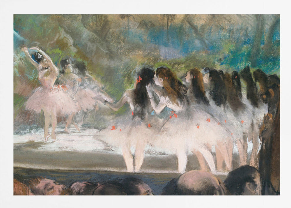 An impressionistic painting by Edgar Degas of a ballet performance, showing ballerinas in pink and white tutus on a stage with a lush backdrop, as seen from the perspective of the audience. The artwork is mounted in a silver frame. Artwork