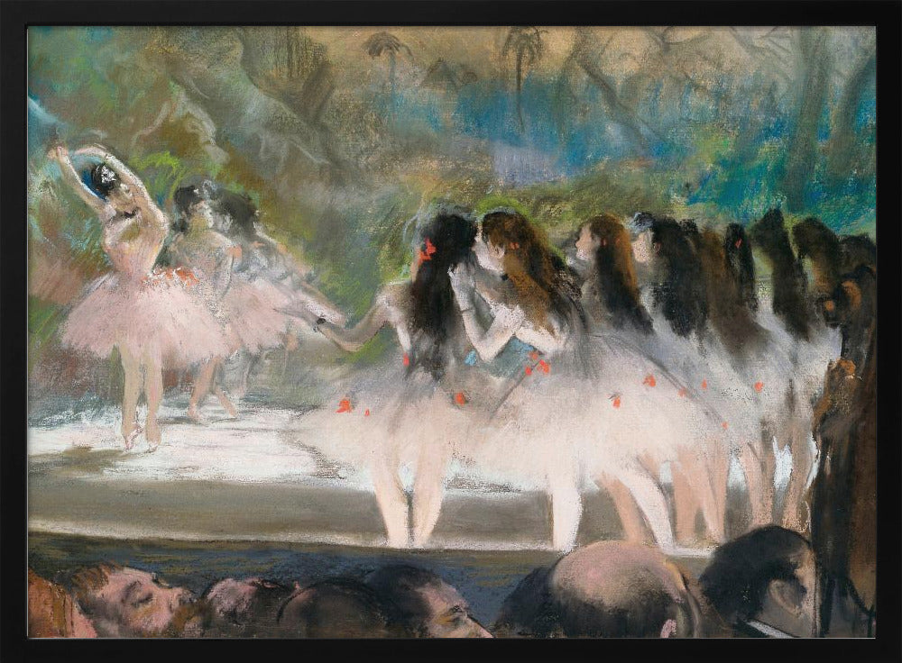 An impressionistic painting by Edgar Degas of a ballet performance, showing ballerinas in pink and white tutus on a stage with a lush backdrop, as seen from the perspective of the audience. The artwork is mounted in a silver frame. Artwork