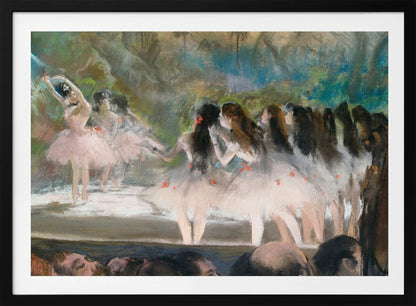 An impressionistic painting by Edgar Degas of a ballet performance, showing ballerinas in pink and white tutus on a stage with a lush backdrop, as seen from the perspective of the audience. The artwork is mounted in a silver frame. Artwork