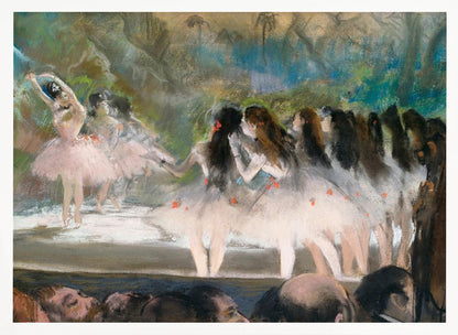 An impressionistic painting by Edgar Degas of a ballet performance, showing ballerinas in pink and white tutus on a stage with a lush backdrop, as seen from the perspective of the audience. The artwork is mounted in a silver frame. Artwork