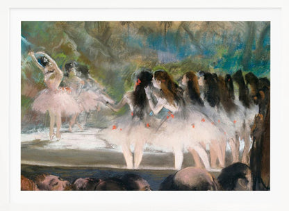 An impressionistic painting by Edgar Degas of a ballet performance, showing ballerinas in pink and white tutus on a stage with a lush backdrop, as seen from the perspective of the audience. The artwork is mounted in a silver frame. Artwork