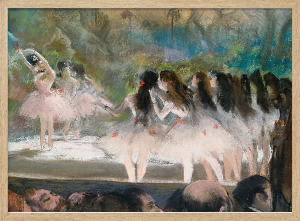 An impressionistic painting by Edgar Degas of a ballet performance, showing ballerinas in pink and white tutus on a stage with a lush backdrop, as seen from the perspective of the audience. The artwork is mounted in a silver frame. Artwork