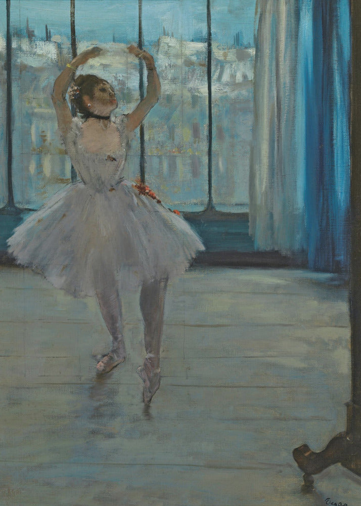 An impressionistic painting by Edgar Degas of a ballerina in a dance studio. The dancer, wearing a white tutu and pointe shoes, stands in a graceful pose with her arms raised above her head. She is positioned in front of a large window that looks out onto a hazy cityscape under a blue sky. The room has a wooden floor and a deep blue curtain to the right. Poster