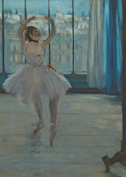 An impressionistic painting by Edgar Degas of a ballerina in a dance studio. The dancer, wearing a white tutu and pointe shoes, stands in a graceful pose with her arms raised above her head. She is positioned in front of a large window that looks out onto a hazy cityscape under a blue sky. The room has a wooden floor and a deep blue curtain to the right. Poster
