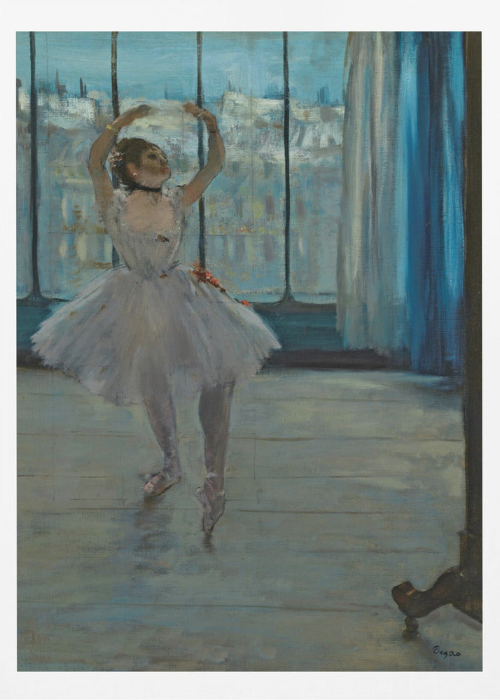 An impressionistic painting by Edgar Degas of a ballerina in a dance studio. The dancer, wearing a white tutu and pointe shoes, stands in a graceful pose with her arms raised above her head. She is positioned in front of a large window that looks out onto a hazy cityscape under a blue sky. The room has a wooden floor and a deep blue curtain to the right. Poster