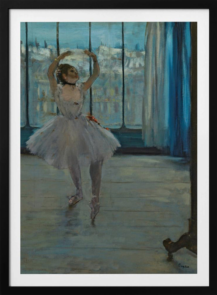 An impressionistic painting by Edgar Degas of a ballerina in a dance studio. The dancer, wearing a white tutu and pointe shoes, stands in a graceful pose with her arms raised above her head. She is positioned in front of a large window that looks out onto a hazy cityscape under a blue sky. The room has a wooden floor and a deep blue curtain to the right. Poster